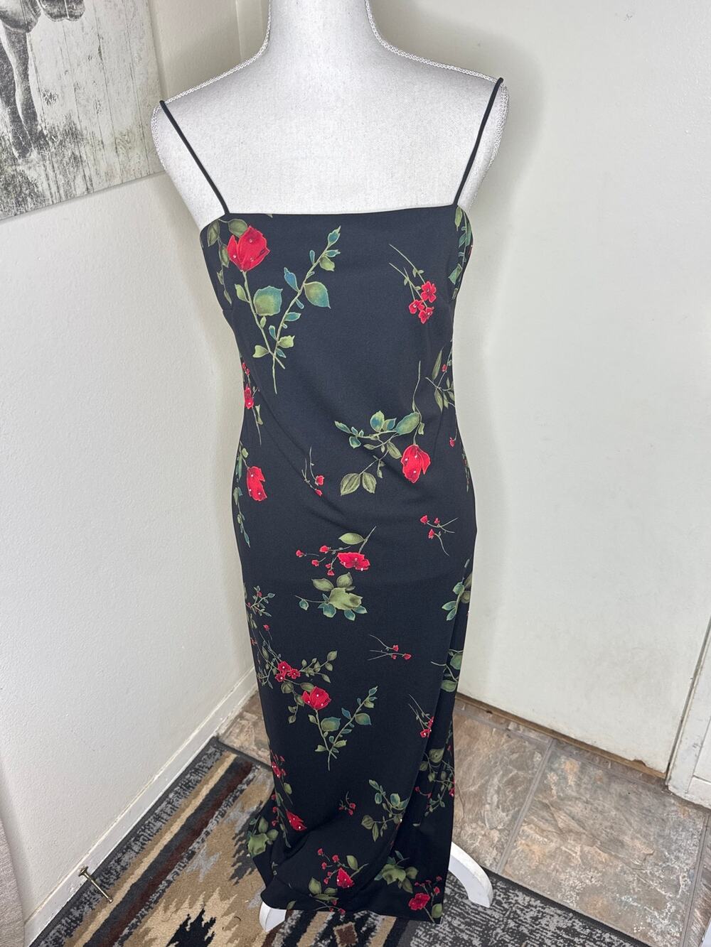 VTG 90s Arianna by Rachel Kaye Black Rose Maxi Dress Whimsygoth Column Slip 4P